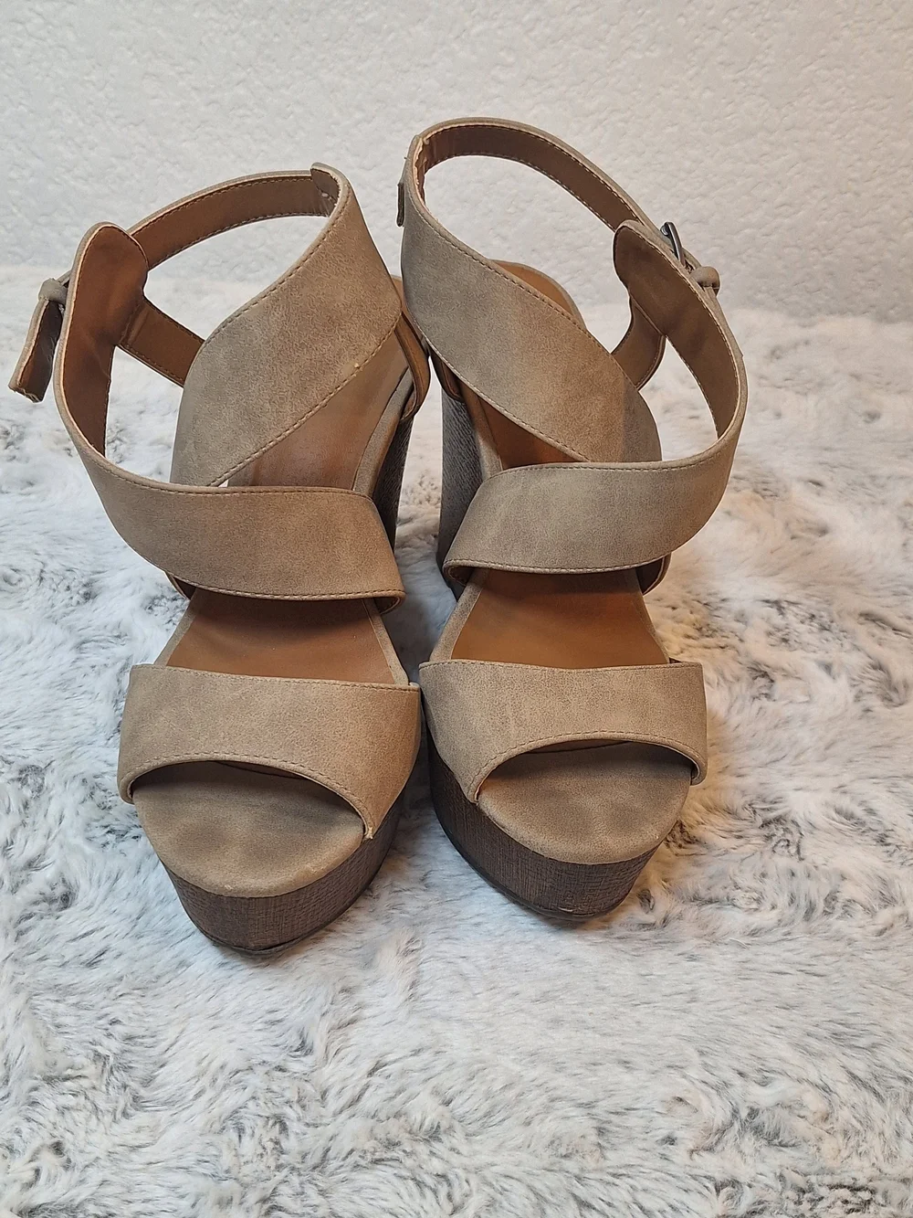 Indigo Rd. Tan Faux Suede Strappy Platform Wedge Sandals